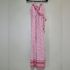 Wide Leg Pink+Purple Feminine Floral V- Neck Jumpsuit Boho Sz Small